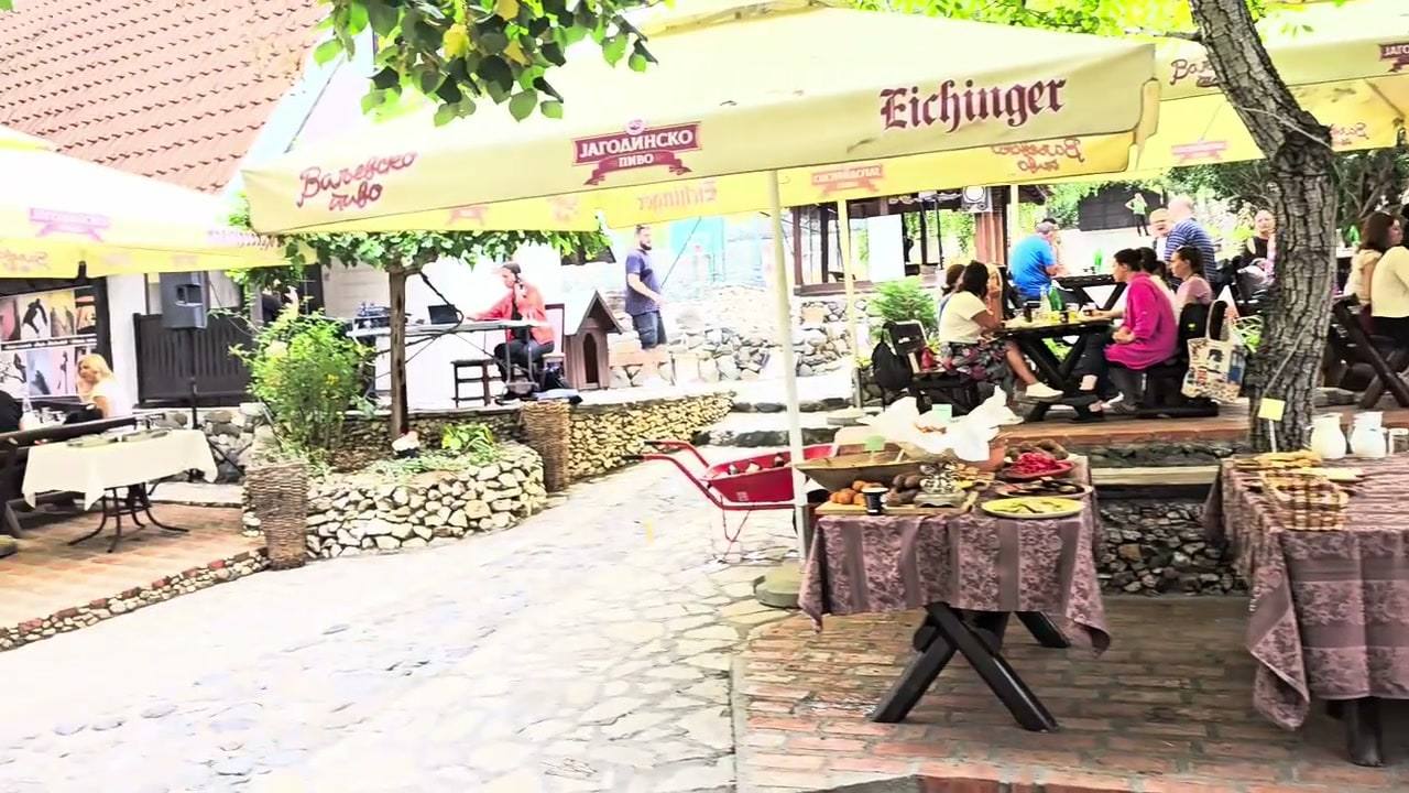 Veliko društvo za stolovima u dvorištu, pod drvećem i suncobranima