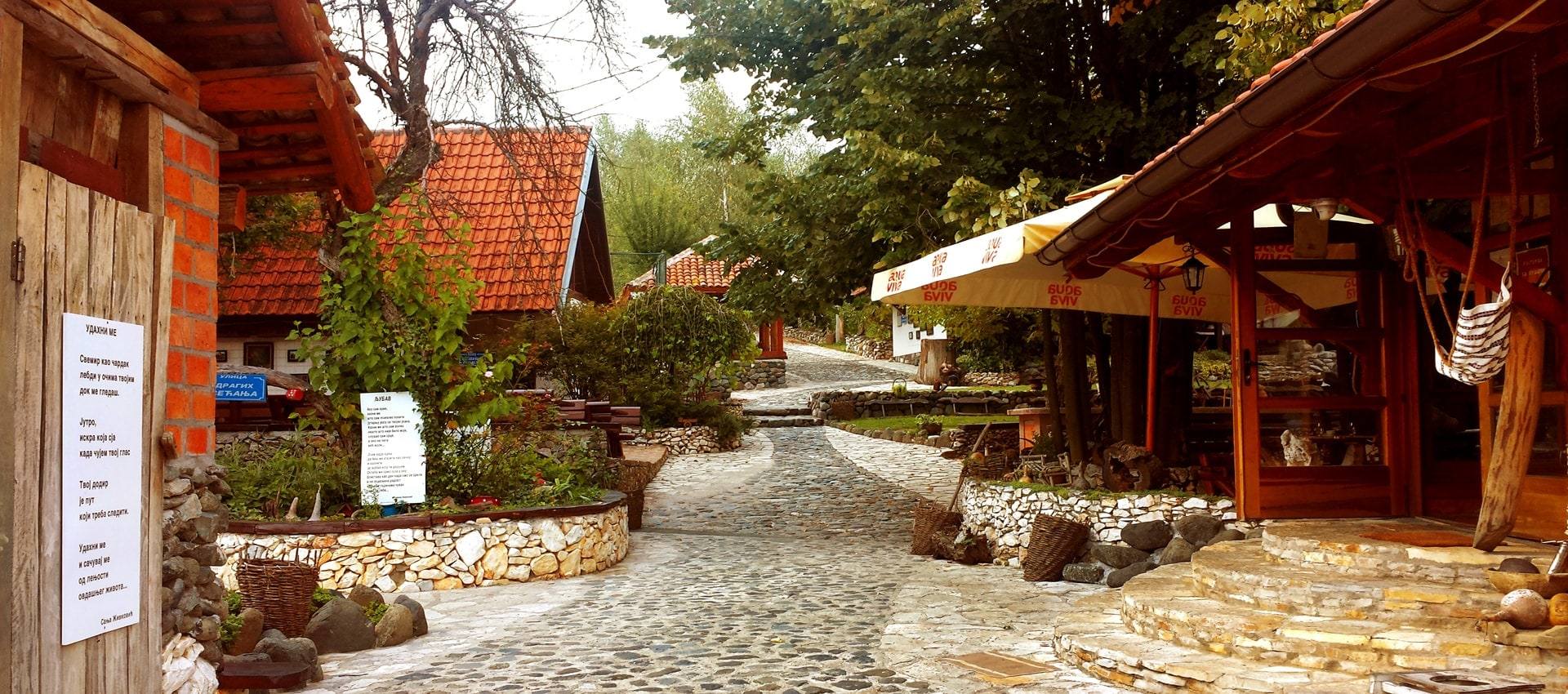 Kaldrmisana staza kroz dvorište sa cvećem i starim alatima